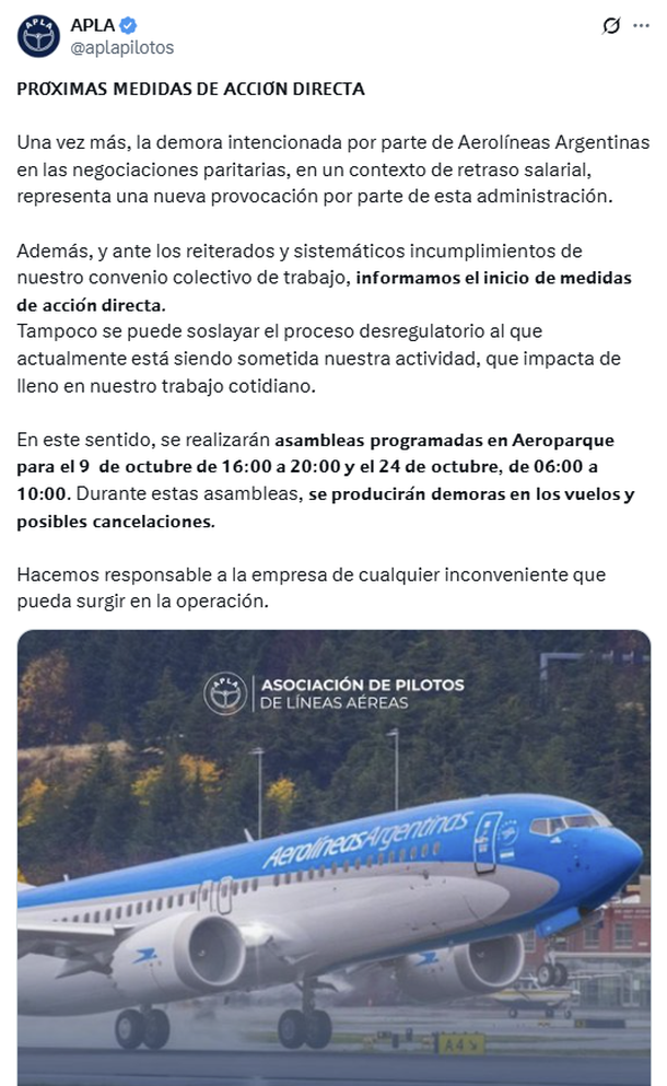 Pilotos realizarán medidas de fuerza en Aeroparque antes del fin de semana largo Pilotos realizarán medidas de fuerza en Aeroparque antes del fin de semana largo