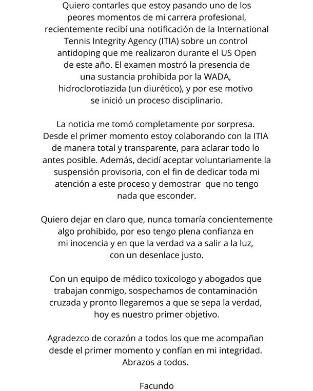 El descargo de Facundo Bagnis tras su suspensión por doping en el US Open El descargo de Facundo Bagnis tras su suspensión por doping en el US Open