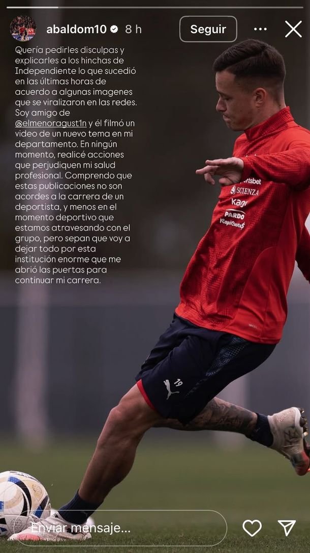 Matías Abaldo pidió disculpas a los hinchas de Independiente tras polémicas imágenes con drogas y alcohol Matías Abaldo pidió disculpas a los hinchas de Independiente tras polémicas imágenes con drogas y alcohol