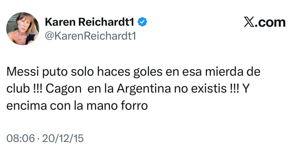 La candidata de Milei anti Messi: el día que Karen Reichardt insultó al capitán de la Selección Argentina La candidata de Milei anti Messi: el día que Karen Reichardt insultó al capitán de la Selección Argentina