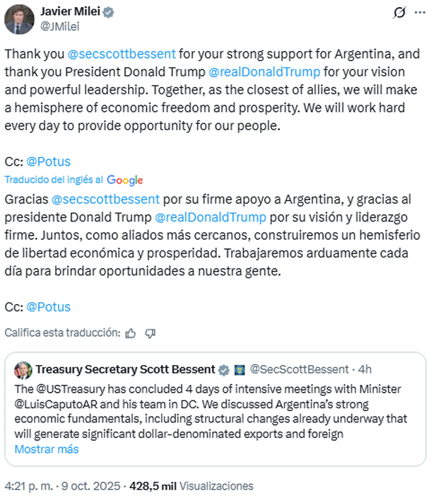Javier Milei agradeció a Donald Trump y Scott Bessent por el salvataje: «Aliados más cercanos»