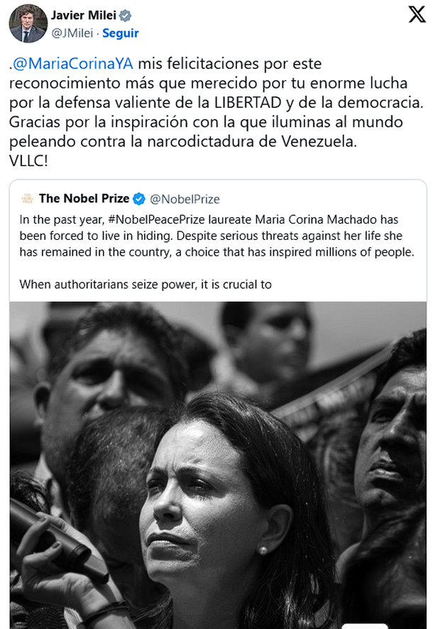 Milei celebró el Nobel de la Paz para Corina Machado: volvió a apuntar contra Maduro