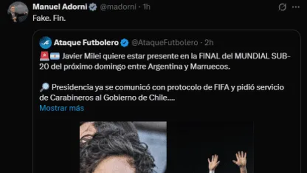 El Gobierno desmintió que Milei quiera asistir a la final del Mundial Sub-20 entre Argentina y Marruecos