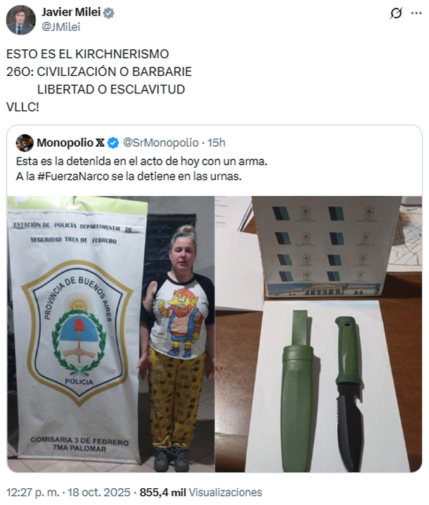 El insólito posteo de Javier Milei tildando de «kirchnerista» a la libertaria que fue con un cuchillo al acto El insólito posteo de Javier Milei tildando de «kirchnerista» a la libertaria que fue con un cuchillo al acto