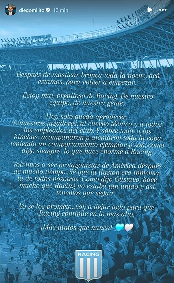 El mensaje de Diego Milito tras la eliminación de Racing: «Estoy muy orgulloso de todos nosotros» El mensaje de Diego Milito tras la eliminación de Racing: «Estoy muy orgulloso de todos nosotros»