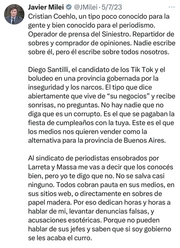 «Corrupto» y «un verdadero peligro»: qué decía Javier Milei sobre Diego Santilli «Corrupto» y «un verdadero peligro»: qué decía Javier Milei sobre Diego Santilli