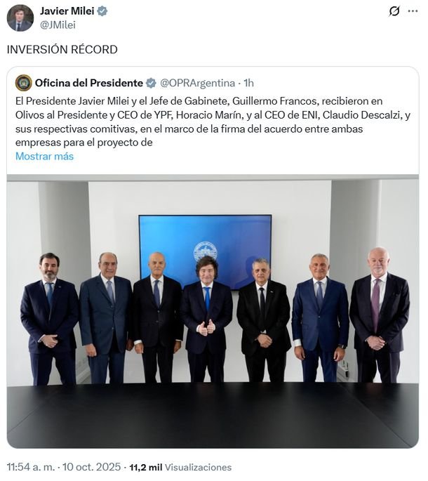 «Inversión récord»: el anuncio de Javier Milei sobre YPF, ENI y Vaca Muerta