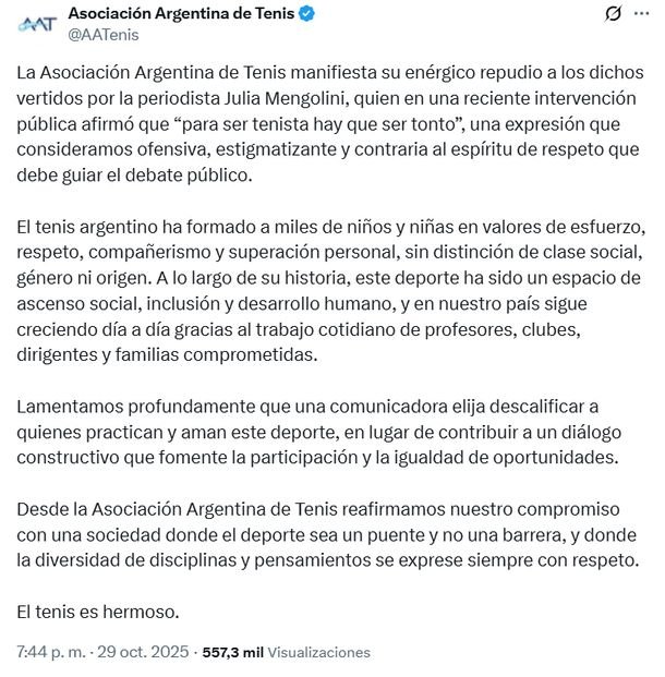Comunicado de la Asociación Argentina de Tenis contra Julia Mengolini por una desafortunada declaración de la periodista