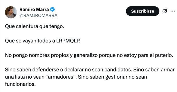 Ramiro Marra explotó contra La Libertad Avanza: «Qué calentura que tengo… que se vayan todos»