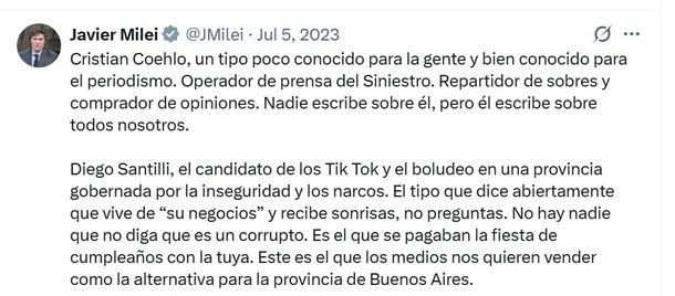 Javier Milei, sobre su candidato Diego Santilli: «No hay nadie que no diga que es un delincuente» Javier Milei, sobre su candidato Diego Santilli: «No hay nadie que no diga que es un delincuente»