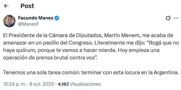 Martín Menem negó haber amenazado a Facundo Manes: «Ya mintió y hoy vuelve a mentir» Martín Menem negó haber amenazado a Facundo Manes: «Ya mintió y hoy vuelve a mentir»