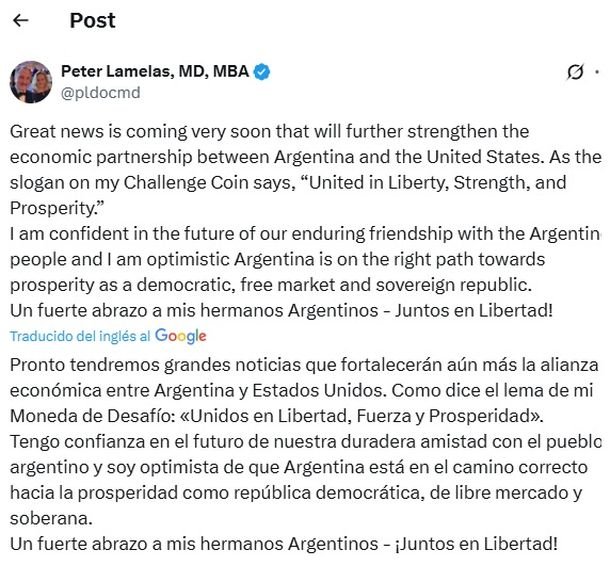 El posteo de Peter Lamelas en medio de la presión cambiaria: «Pronto tendremos grandes noticias»