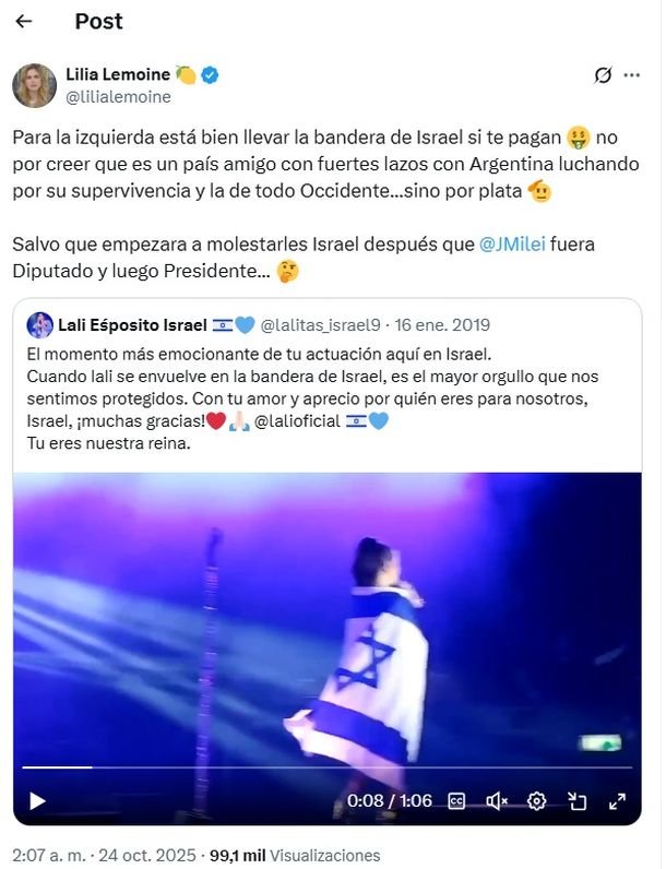 Repudiable posteo de Lilia Lemoine contra Lali Espósito por un viejo show en Israel: «Por plata»
