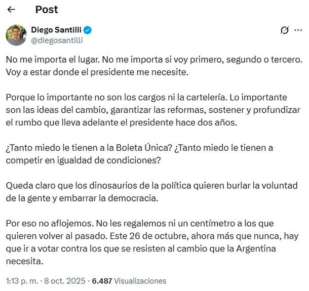 Diego Santilli, tras el fallo que lo rechaza como cabeza de lista en LLA: «No me importa el lugar»