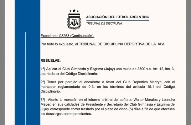 Polémica el Reducido: AFA le dio por ganado a Deportivo Madryn el partido con Gimnasia y Esgrima de Jujuy