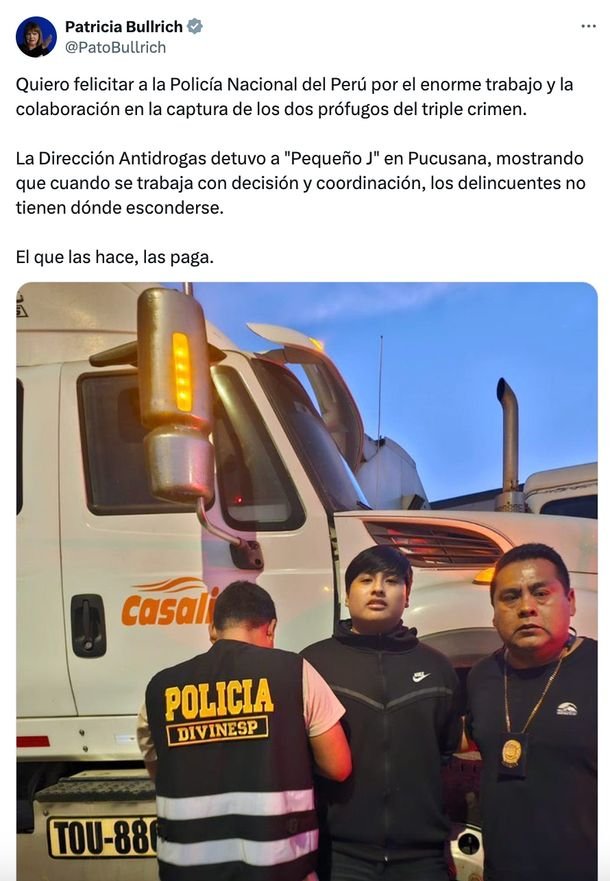Patricia Bullrich felicitó a la Policía de Perú por detener a Pequeño J, pero «se olvido» de la bonaerense Patricia Bullrich felicitó a la Policía de Perú por detener a Pequeño J, pero «se olvido» de la bonaerense