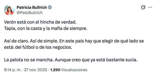 Patricia Bullrich se metió en la pelea entre la AFA y Estudiantes: «Verón está con el hincha» Patricia Bullrich se metió en la pelea entre la AFA y Estudiantes: «Verón está con el hincha»