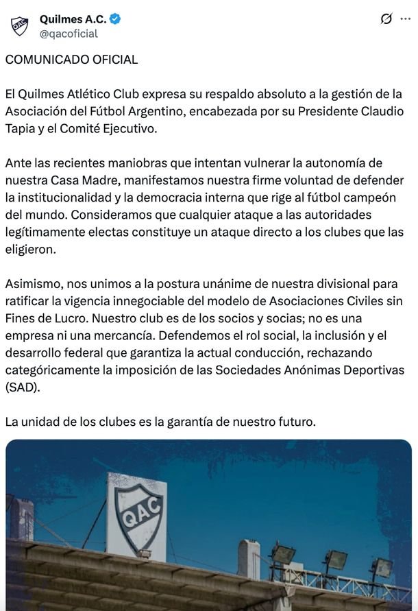 En medio de la polémica, un club manifestó su «respaldo absoluto» a la AFA y a Chiqui Tapia
