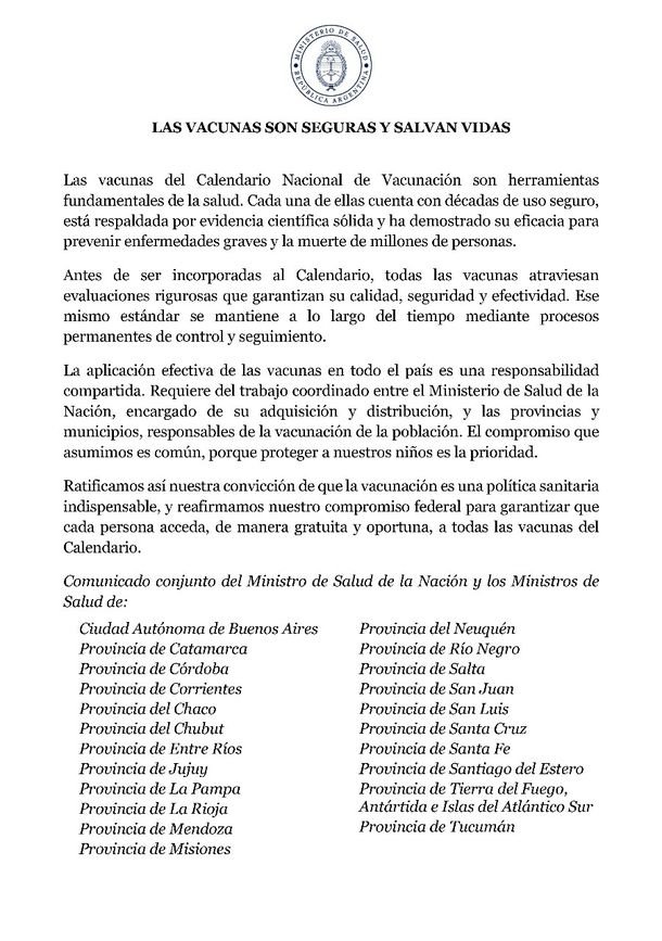 Comunicado conjunto del ministerio de Salud de la Nación y de las provincias por las vacunas: «Salvan vidas»