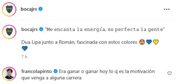 El divertido comentario de Franco Colapinto a Dua Lipa tras el Superclásico en La Bombonera