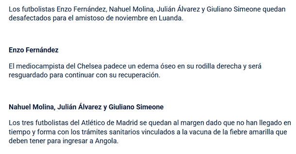 Bajas inesperadas en la Selección: Julián Álvarez, Nahuel Molina y Giuliano Simeone no viajarán a Angola