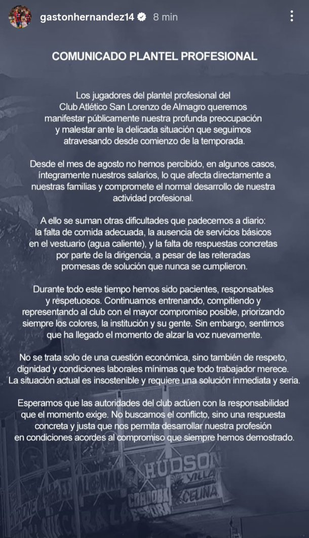 El durísimo comunicado del plantel de San Lorenzo: «La situación actual es insostenible»