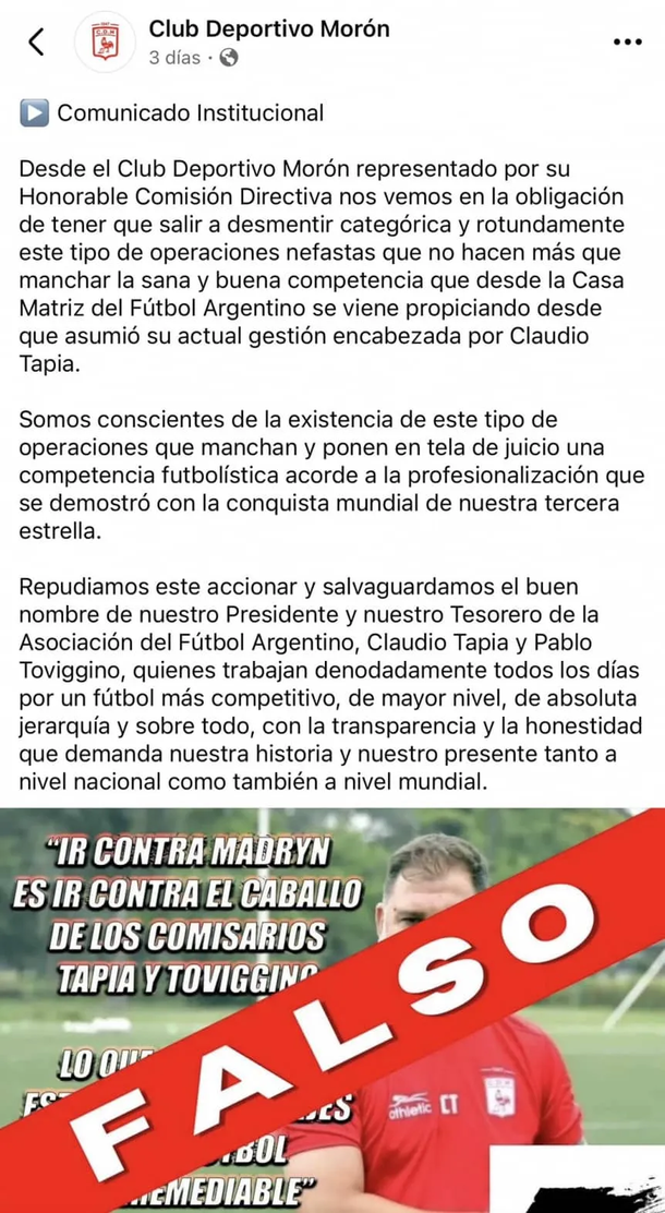 Insólito: AFA sancionó al DT de Deportivo Morón por una fake news en plena definición