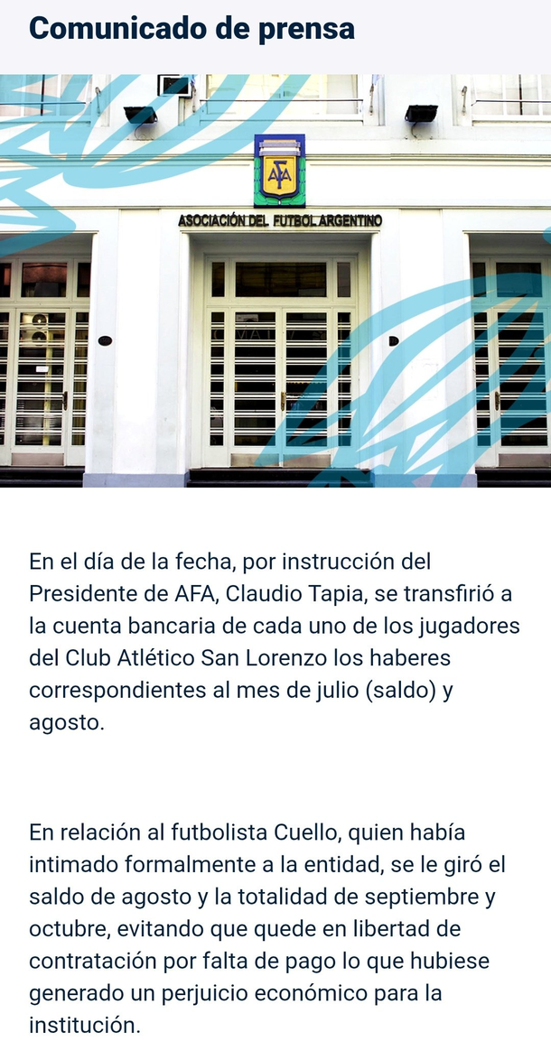 AFA intervino en la crisis de San Lorenzo y pagó los sueldos adeudados de los futbolistas AFA intervino en la crisis de San Lorenzo y pagó los sueldos adeudados de los futbolistas