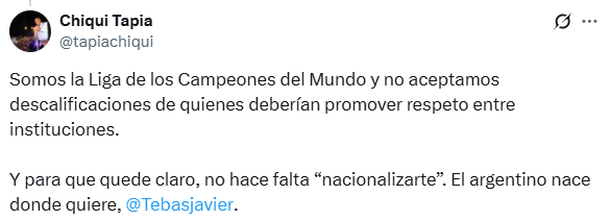 La dura respuesta de Chiqui Tapia luego de las críticas de Javier Tebas al fútbol argentino La dura respuesta de Chiqui Tapia luego de las críticas de Javier Tebas al fútbol argentino