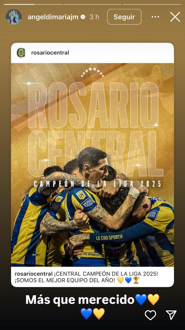 El mensaje de Ángel Di María tras la insólita consagración de Rosario Central El mensaje de Ángel Di María tras la insólita consagración de Rosario Central