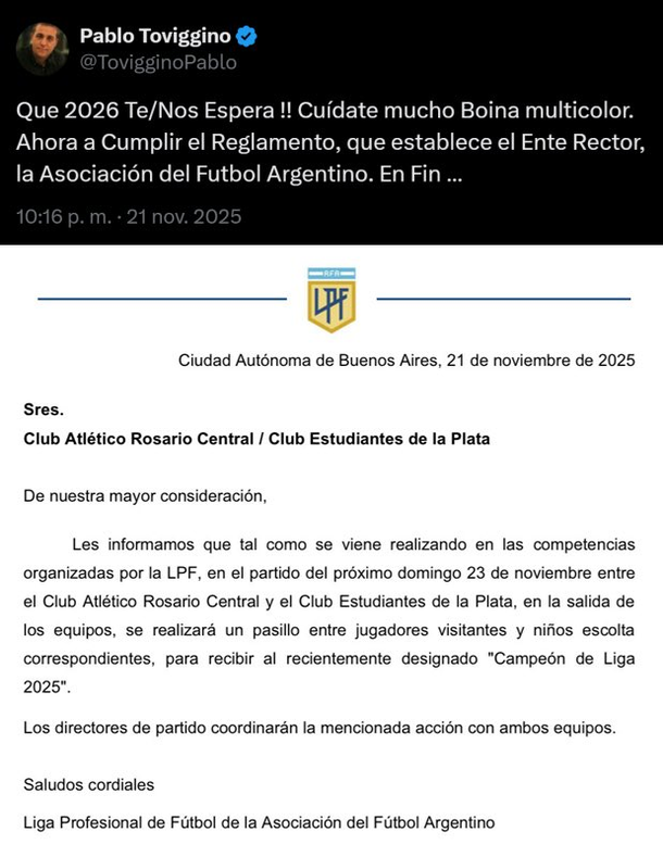 Cómo será el pasillo de honor que Estudiantes le hará a Rosario Central Cómo será el pasillo de honor que Estudiantes le hará a Rosario Central
