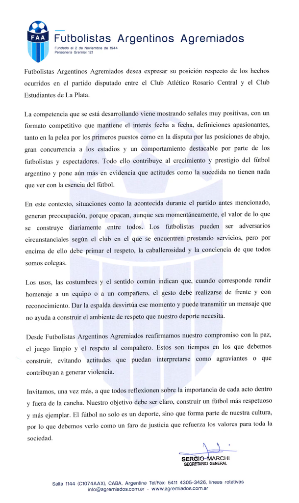 La severa crítica de Futbolistas Agremiados para Estudiantes tras el pasillo a Rosario Central: «Reflexionen» La severa crítica de Futbolistas Agremiados para Estudiantes tras el pasillo a Rosario Central: «Reflexionen»