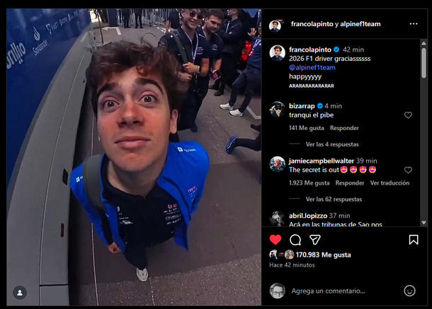 El posteo de Franco Colapinto tras ser confirmado como piloto titular de Alpine para 2026
