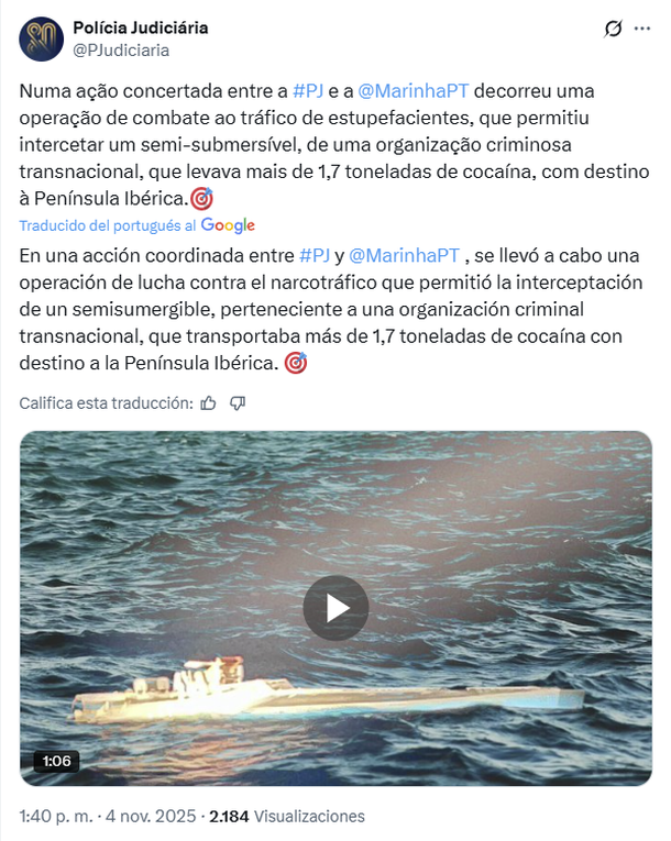 Portugal interceptó un narcosubmarino con casi dos toneladas de cocaína: hay cuatro detenidos Portugal interceptó un narcosubmarino con casi dos toneladas de cocaína: hay cuatro detenidos
