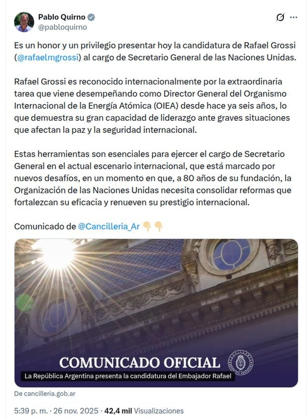 Argentina presentó a Rafael Grossi como candidato para el cargo de secretario general de la ONU Argentina presentó a Rafael Grossi como candidato para el cargo de secretario general de la ONU