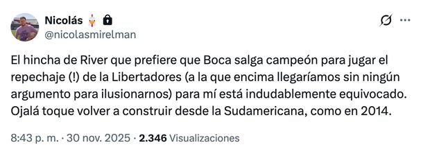 El debate de los hinchas de River en las redes: ¿Boca campeón para ir a la Libertadores o jugar Sudamericana? El debate de los hinchas de River en las redes: ¿Boca campeón para ir a la Libertadores o jugar Sudamericana?