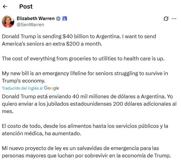 Elizabeth Warren destruye a Donald Trump por el rescate a Milei: «Quiero darles US0 a los jubilados estadounidenses» Elizabeth Warren destruye a Donald Trump por el rescate a Milei: «Quiero darles US0 a los jubilados estadounidenses»