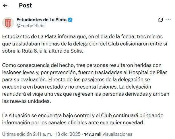 Comunicado de Estudiantes por el choque de micros con hinchas que iban a la final con Racing en Santiago del Estero Comunicado de Estudiantes por el choque de micros con hinchas que iban a la final con Racing en Santiago del Estero