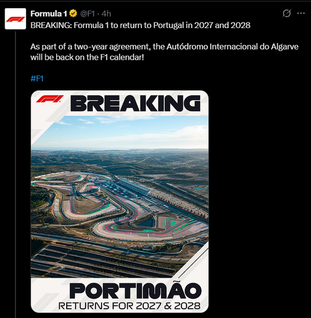 La Fórmula 1 oficializó la vuelta de Portugal al calendario y confirmó su lugar en 2027 y 2028 La Fórmula 1 oficializó la vuelta de Portugal al calendario y confirmó su lugar en 2027 y 2028