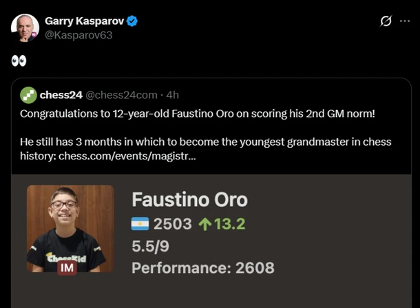 La reacción de Garry Kasparov ante un nuevo logro de Faustino Oro, el joven prodigio del ajedrez