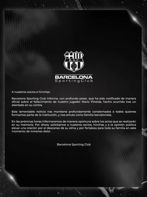 El comunicado de Barcelona de Ecuador por el crimen de Mario Pineida. 