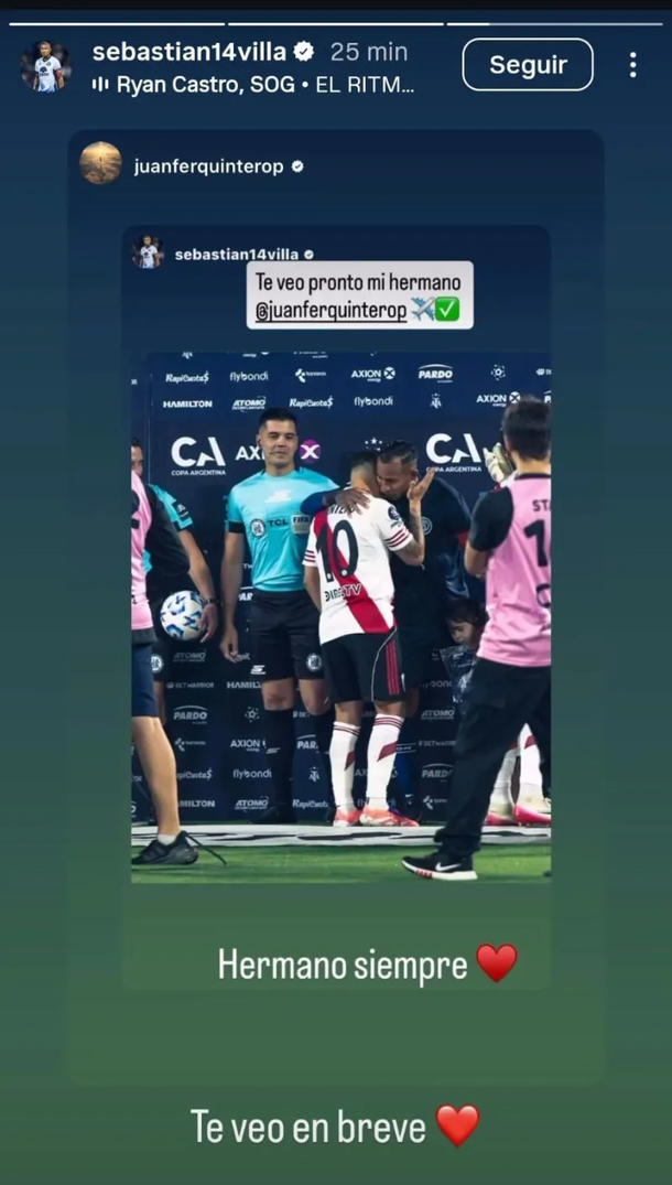 El mensaje de Sebastián Villa a Juanfer Quintero que sorprendió en River: «Pronto…» El mensaje de Sebastián Villa a Juanfer Quintero que sorprendió en River: «Pronto…»