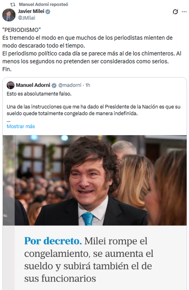 Javier Milei estalló contra el periodismo tras la versión de aumento salarial para el Ejecutivo: «Chimenteros»