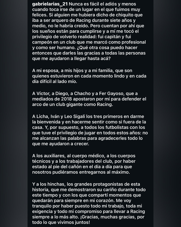 Gabriel Arias cerró su etapa en Racing y dejó un mensaje que emocionó a todos Gabriel Arias cerró su etapa en Racing y dejó un mensaje que emocionó a todos
