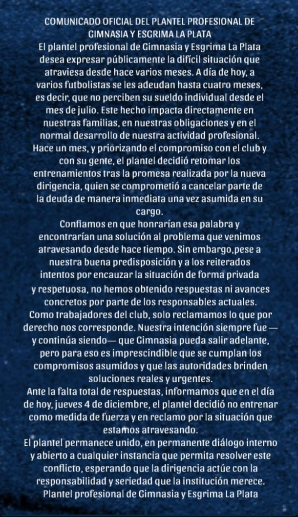 Gimnasia suspendió su entrenamiento a días del clásico con Estudiantes: el motivo Gimnasia suspendió su entrenamiento a días del clásico con Estudiantes: el motivo