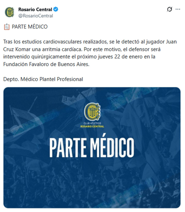 Juan Cruz Komar deberá ser operado luego de que le detectaran una arritmia cardíaca Juan Cruz Komar deberá ser operado luego de que le detectaran una arritmia cardíaca