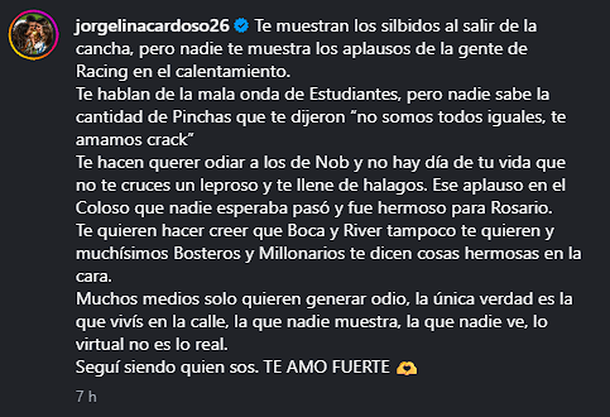 El fuerte descargo de Jorgelina Cardoso tras los silbidos a Ángel Di María en Avellaneda El fuerte descargo de Jorgelina Cardoso tras los silbidos a Ángel Di María en Avellaneda