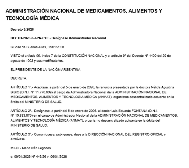 Recambio en la ANMAT: el Gobierno designó a Luis Fontana tras la renuncia de Nélida Bisio