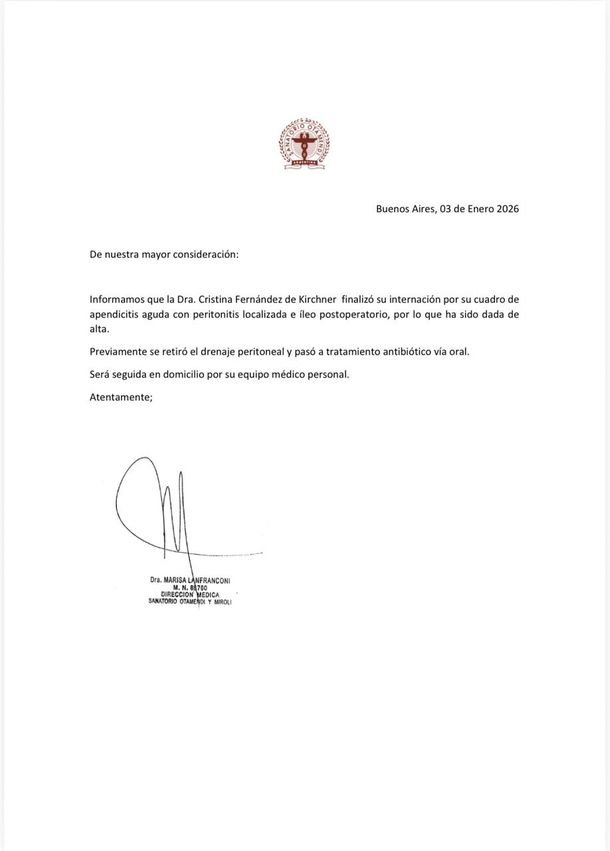Cristina Kirchner fue dada de alta: el nuevo parte médico Cristina Kirchner fue dada de alta: el nuevo parte médico