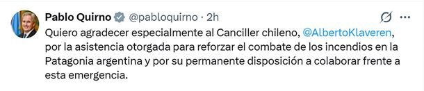 Cancillería agradecíó a Chile el apoyo para combatir los incendios en Chubut Cancillería agradecíó a Chile el apoyo para combatir los incendios en Chubut